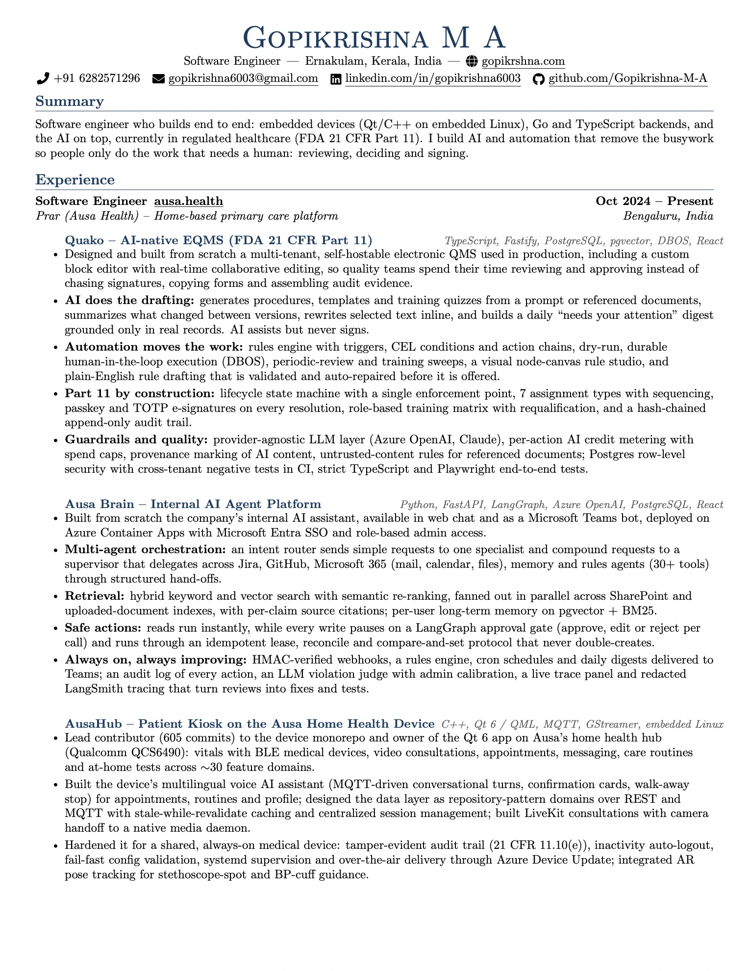 Resume of Gopikrishna M A, page 1 of 2: summary and experience at Prar (Ausa Health) on Quako, Ausa Brain and AusaHub
