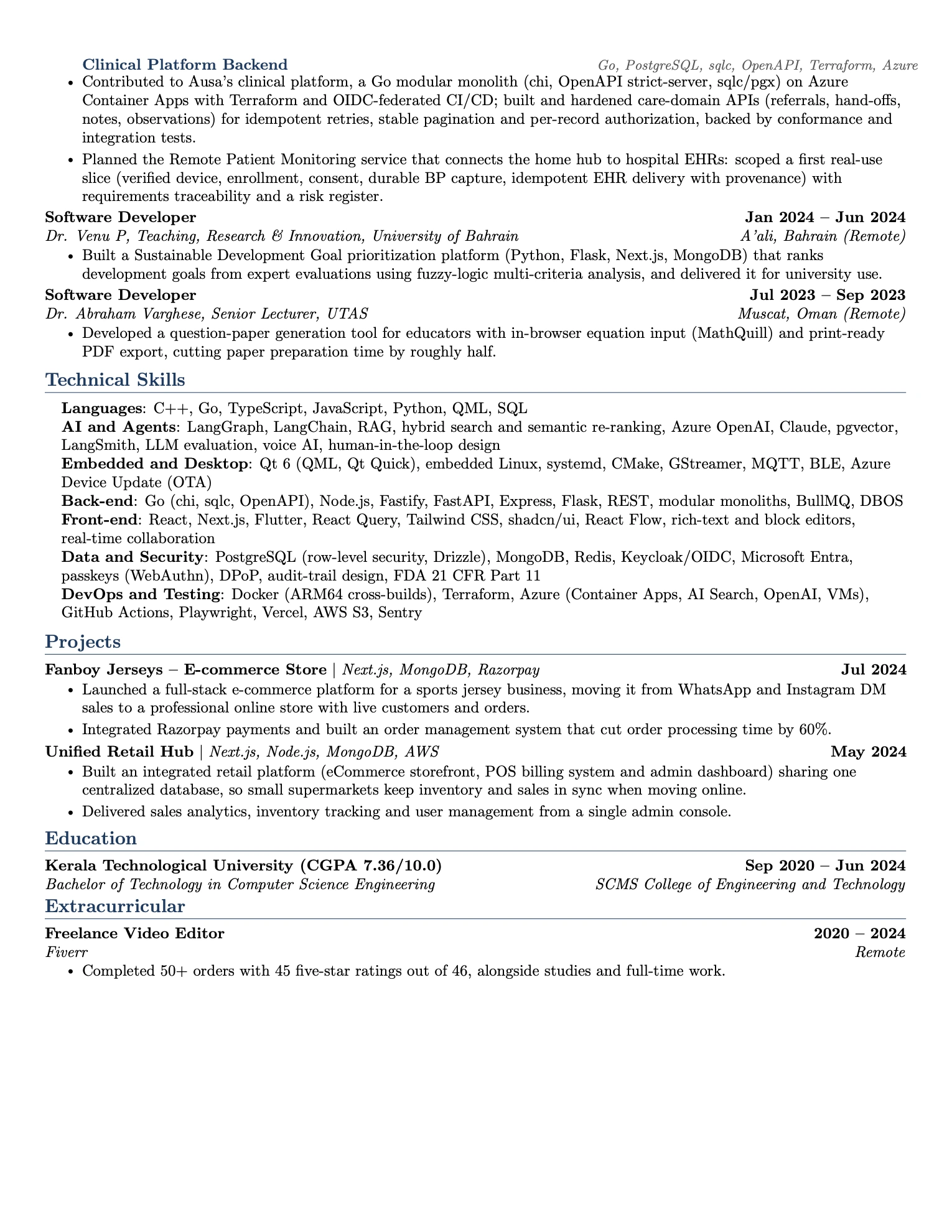 Resume page 2 of 2: clinical platform backend, earlier roles, technical skills, projects, education and extracurricular